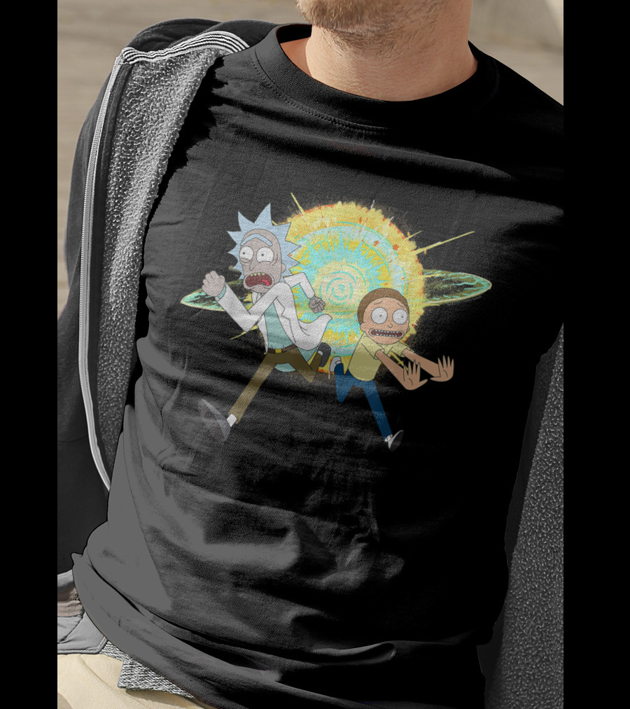 Rick And Morty Running From A Portal Explosion T-Shirt