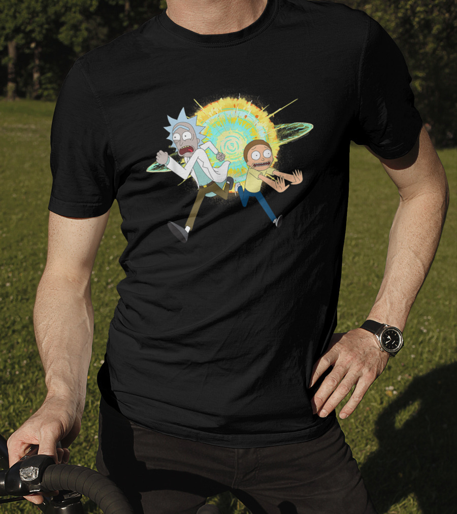 Rick And Morty Running From A Portal Explosion T-Shirt