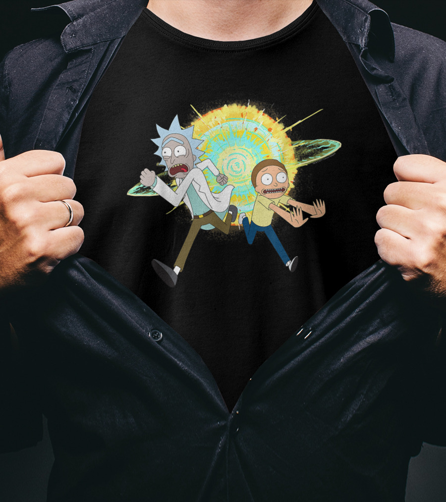 Rick And Morty Running From A Portal Explosion T-Shirt