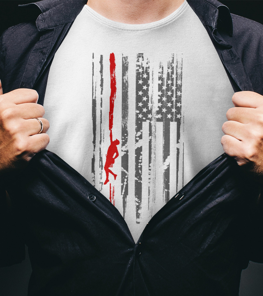 Rock Climbing Silhouette On American Flag Stripes And Stars T-Shirt