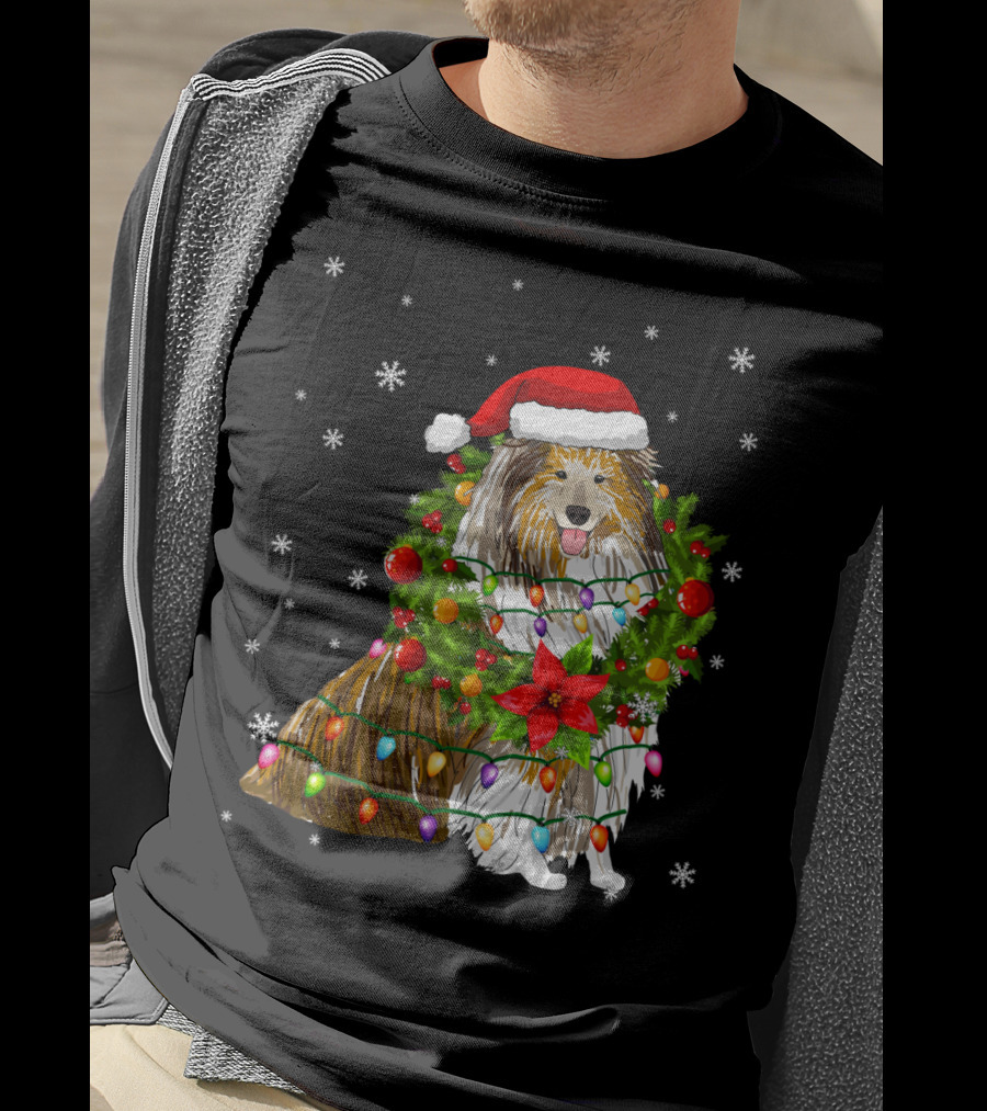 Santa Collie Dog Wrapped In Christmas Lights And Festive Garland T-Shirt