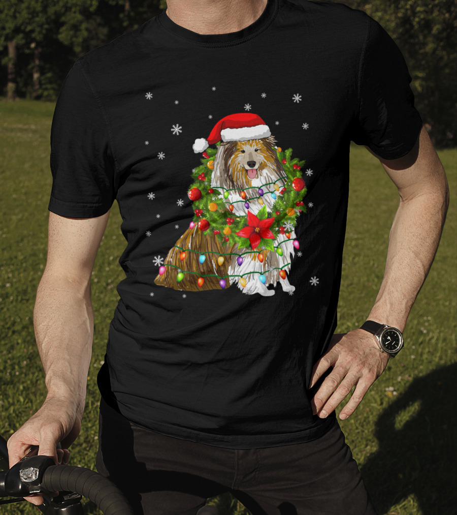 Santa Collie Dog Wrapped In Christmas Lights And Festive Garland T-Shirt