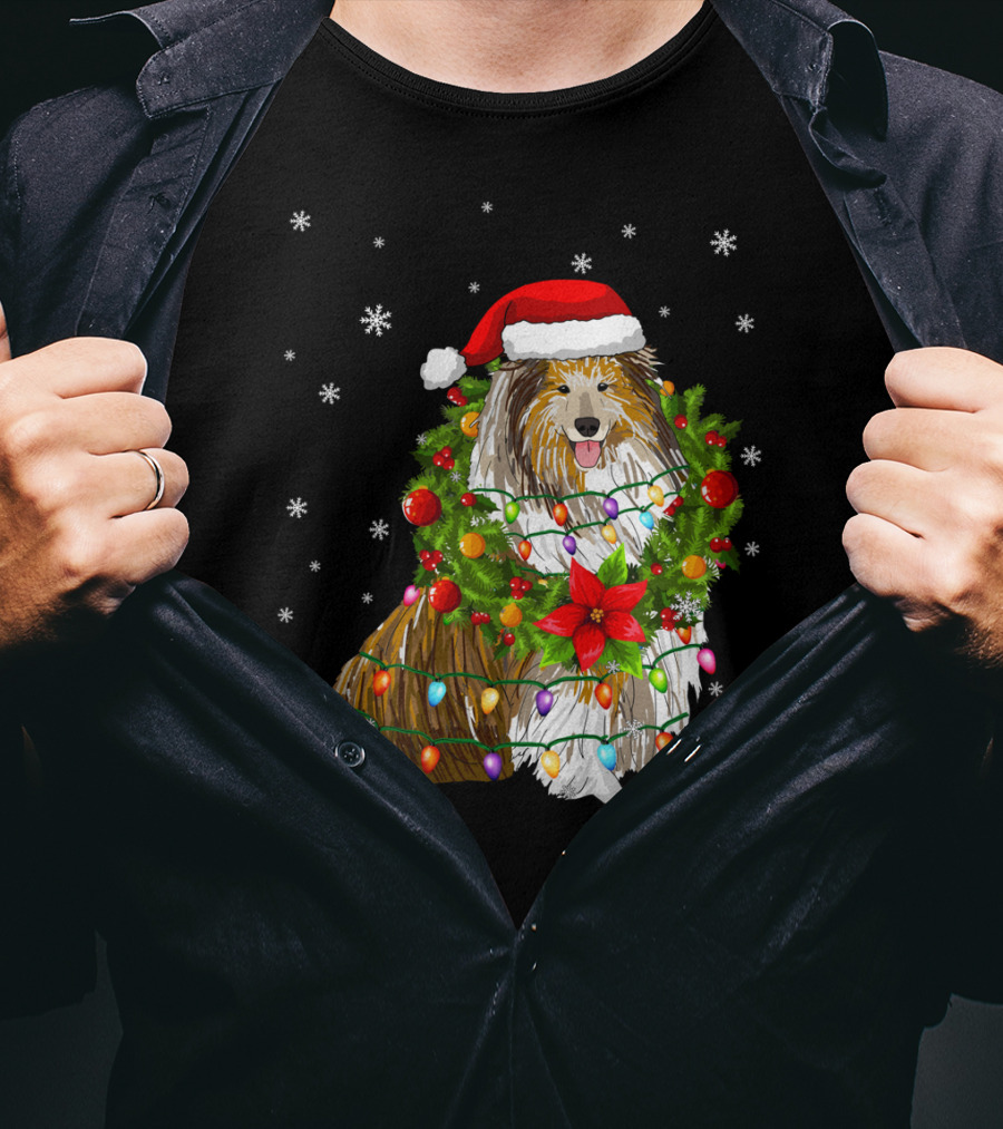 Santa Collie Dog Wrapped In Christmas Lights And Festive Garland T-Shirt