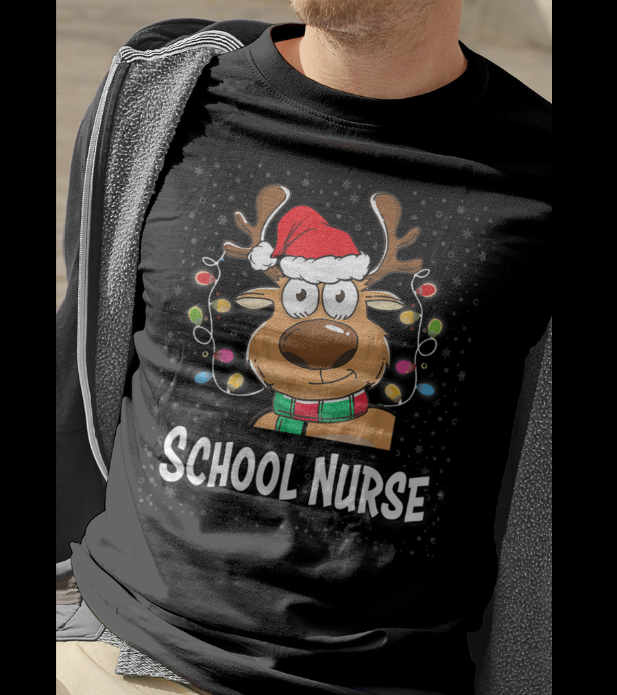 Santa Reindeer School Nurse Festive Christmas Lights T-Shirt