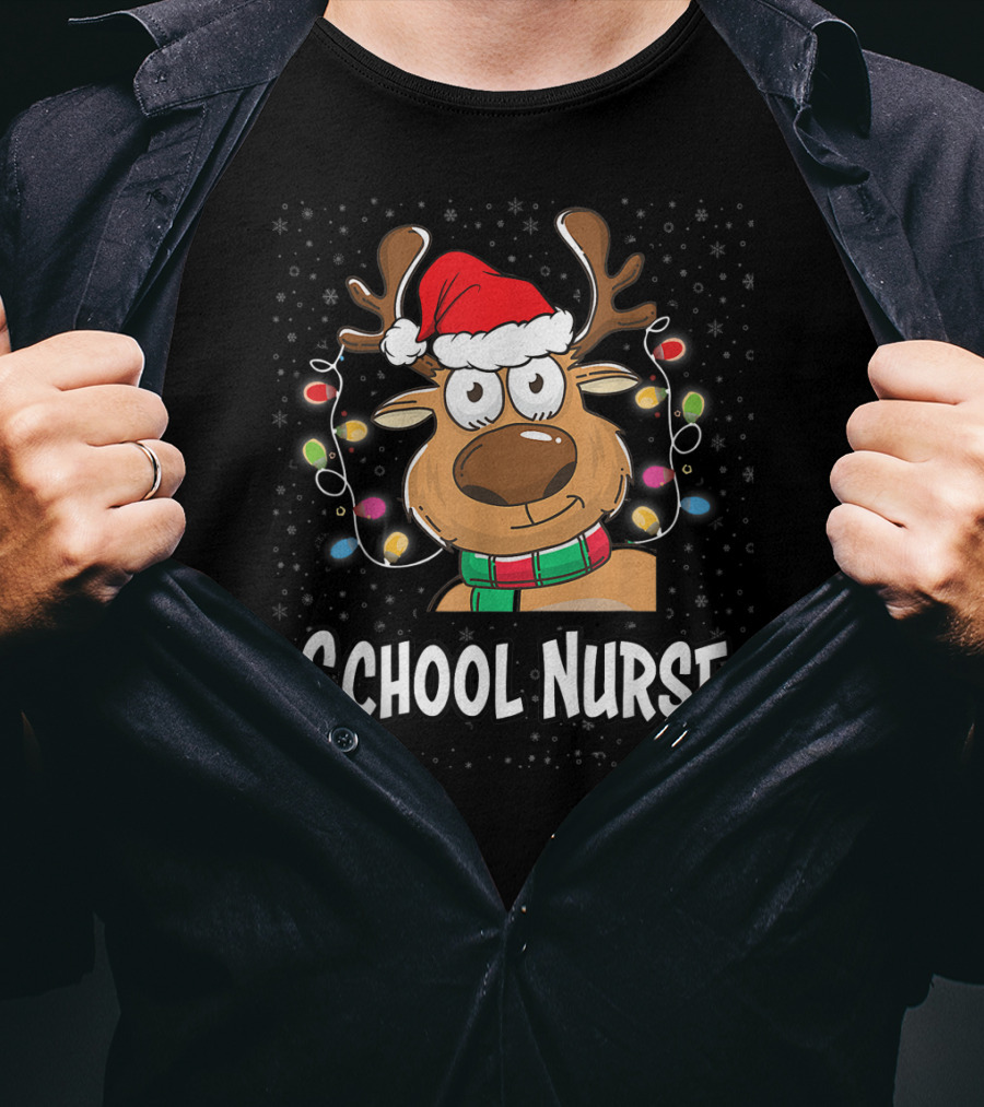 Santa Reindeer School Nurse Festive Christmas Lights T-Shirt
