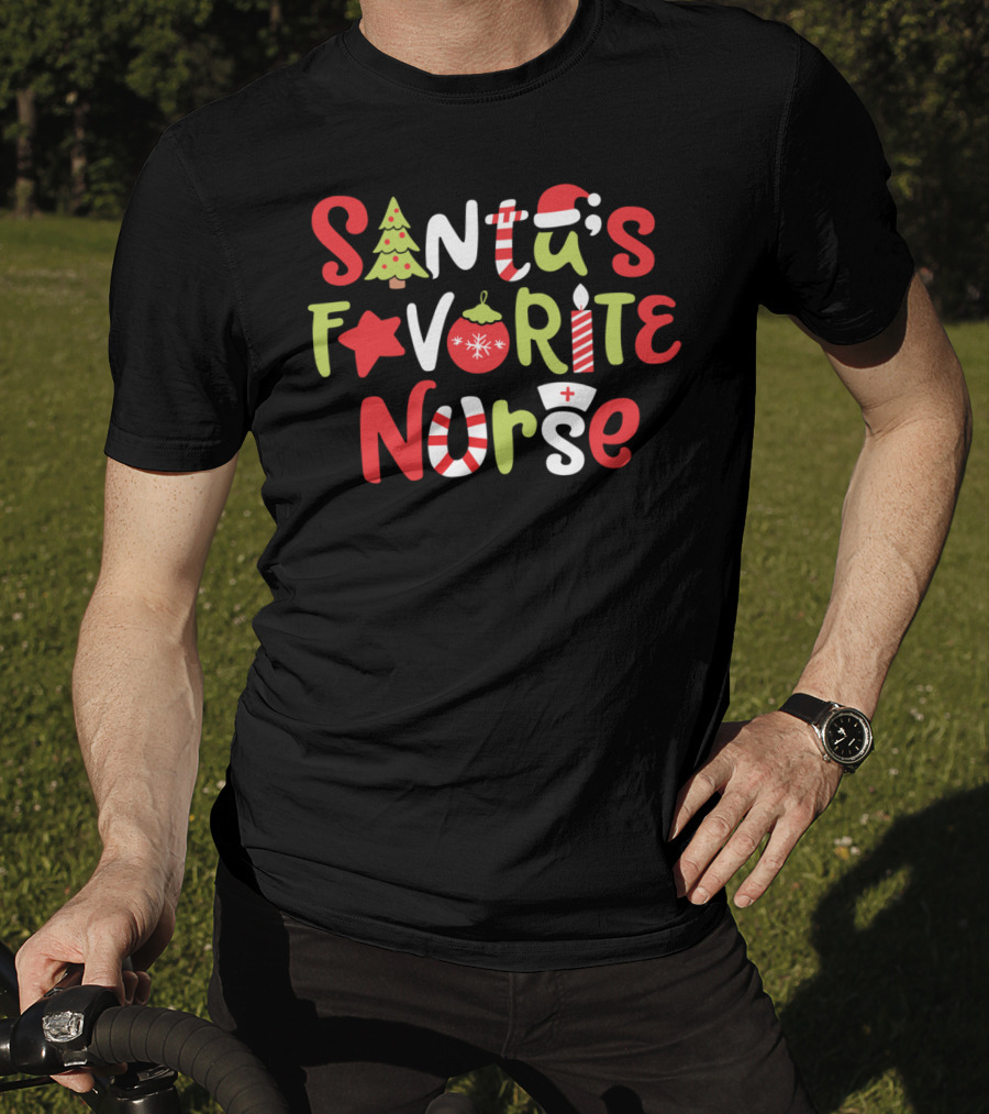 Santa's Favorite Nurse Christmas Tree Ornament Candle Hat T-Shirt