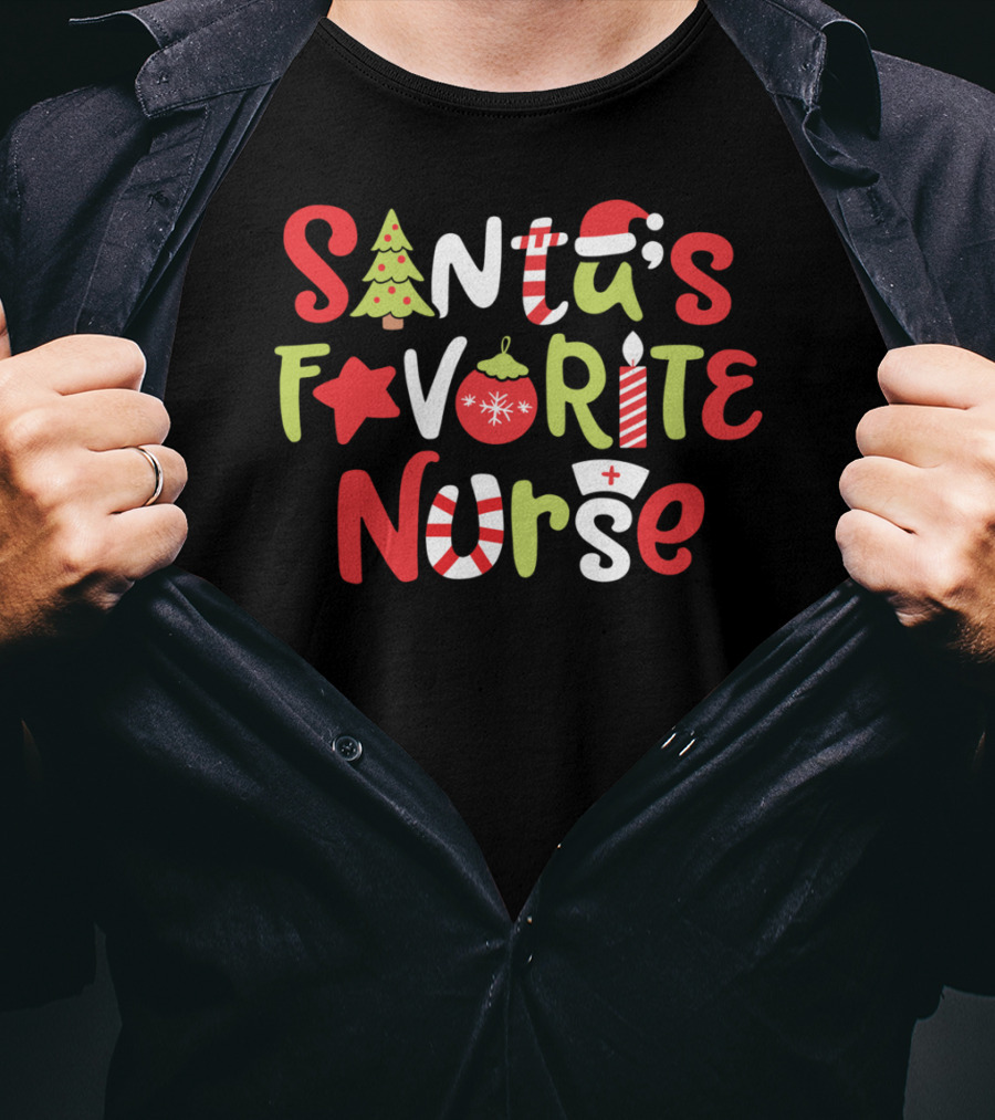 Santa's Favorite Nurse Christmas Tree Ornament Candle Hat T-Shirt