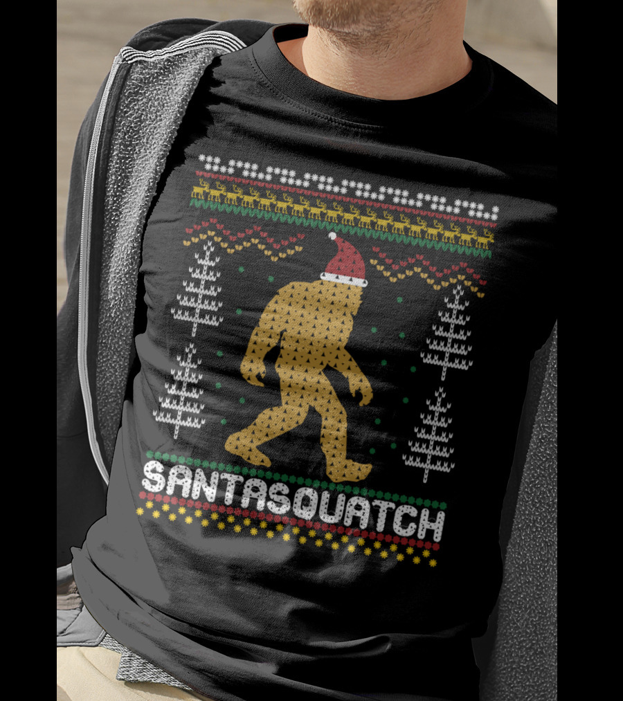Santasquatch Bigfoot Christmas Sweater Pattern With Santa Hat And Trees T-Shirt