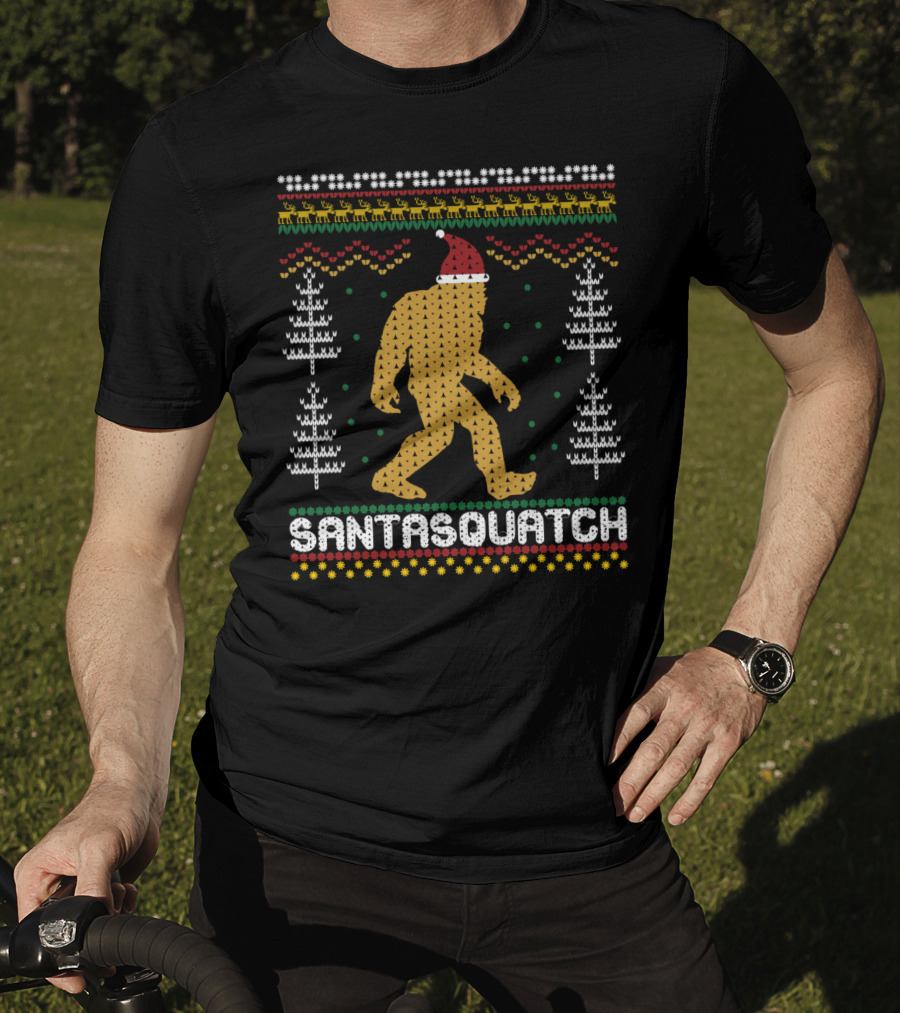 Santasquatch Bigfoot Christmas Sweater Pattern With Santa Hat And Trees T-Shirt
