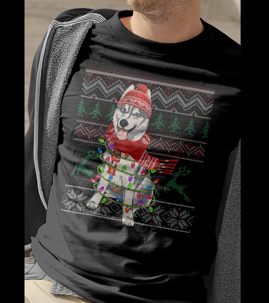 Siberian Husky Christmas Lights Holiday T-Shirt
