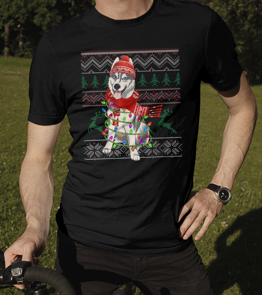 Siberian Husky Christmas Lights Holiday T-Shirt