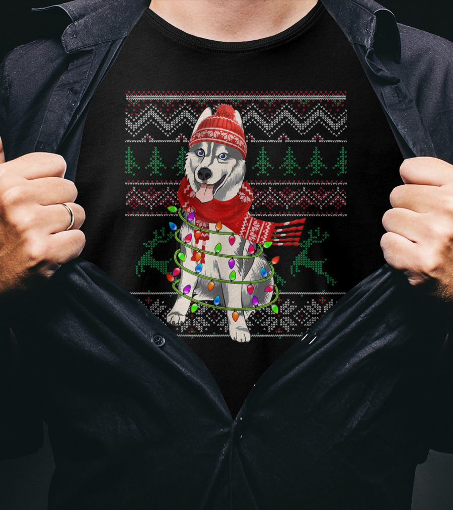 Siberian Husky Christmas Lights Holiday T-Shirt