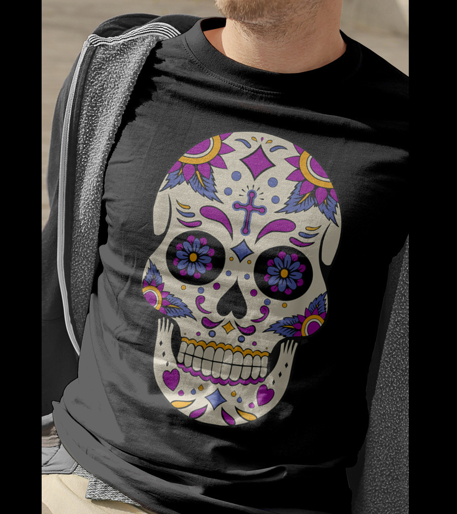 Sugar Skull Day Of The Dead Halloween Dia De Los Muertos Colorful Cross Floral T-Shirt