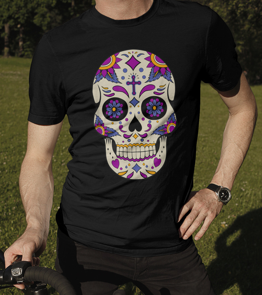 Sugar Skull Day Of The Dead Halloween Dia De Los Muertos Colorful Cross Floral T-Shirt