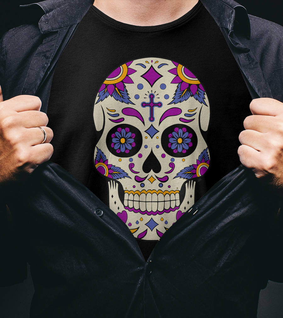 Sugar Skull Day Of The Dead Halloween Dia De Los Muertos Colorful Cross Floral T-Shirt