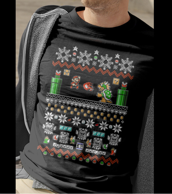 Super Mario And Bowser Pixel Art Holiday Theme With Coin And Mushroom Elements T-Shirt