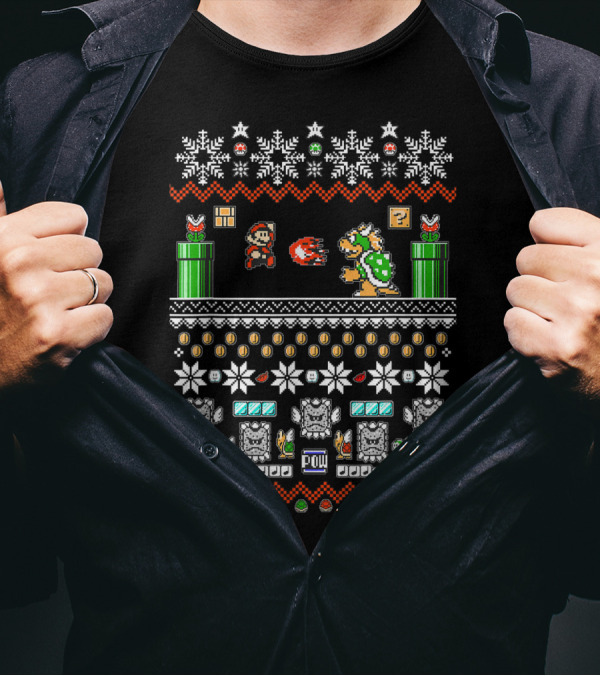 Super Mario And Bowser Pixel Art Holiday Theme With Coin And Mushroom Elements T-Shirt