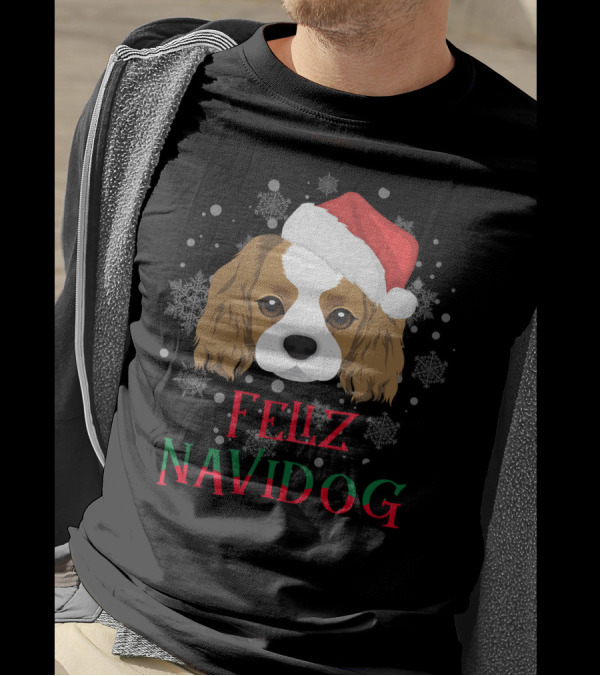 Feliz Navidog Charles Spaniel Santa Hat Snowflakes T-Shirt
