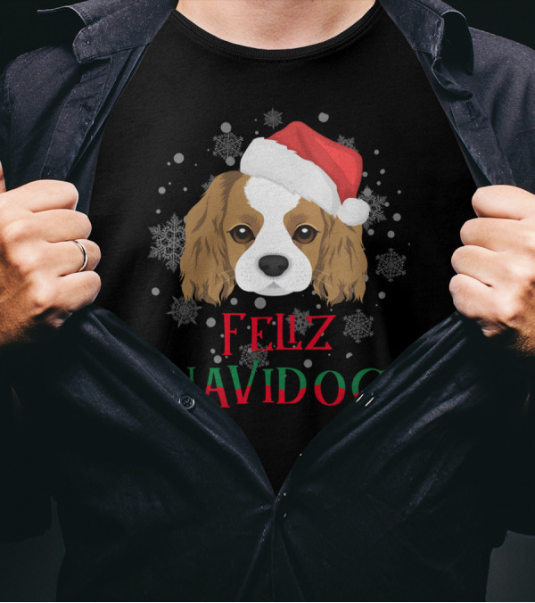 Feliz Navidog Charles Spaniel Santa Hat Snowflakes T-Shirt