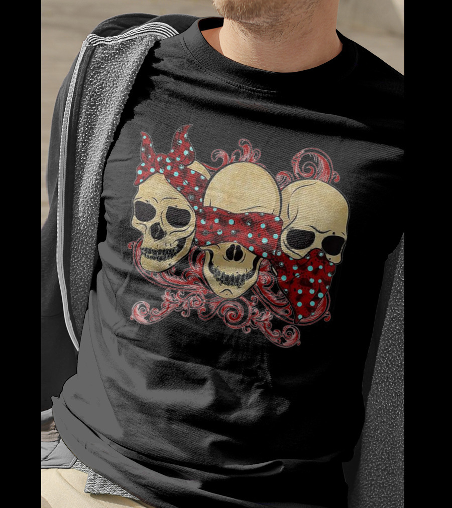 Tattoo Skull See No Evil Hear No Evil Speak No Evil Skulls With Polka Dot Bandanas T-Shirt