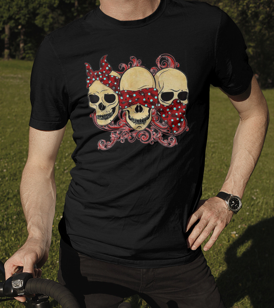 Tattoo Skull See No Evil Hear No Evil Speak No Evil Skulls With Polka Dot Bandanas T-Shirt