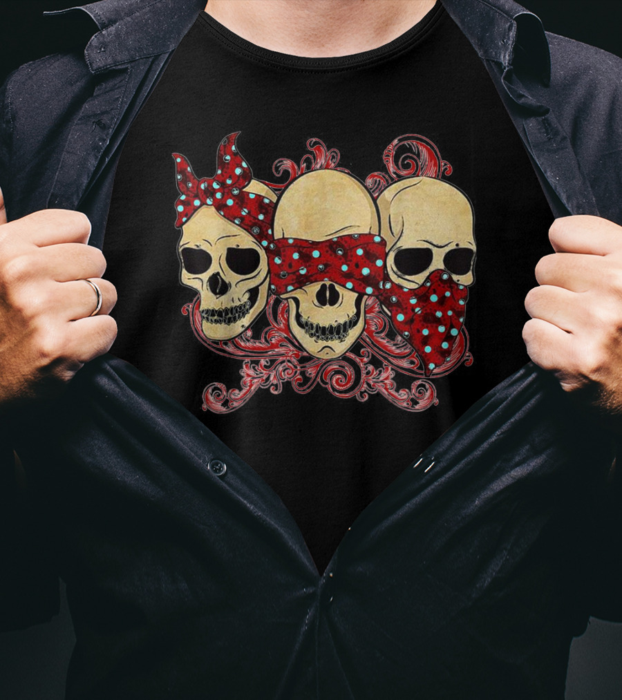 Tattoo Skull See No Evil Hear No Evil Speak No Evil Skulls With Polka Dot Bandanas T-Shirt