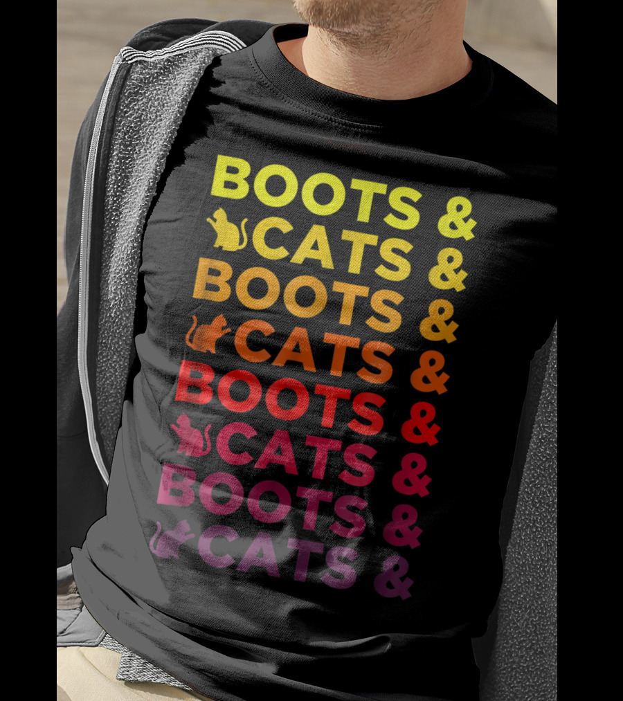 Boots And Cats EDM Rave Festival Funny Repeating Text And Cat T-Shirt