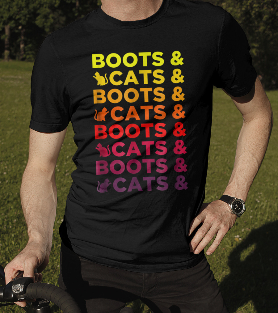 Boots And Cats EDM Rave Festival Funny Repeating Text And Cat T-Shirt