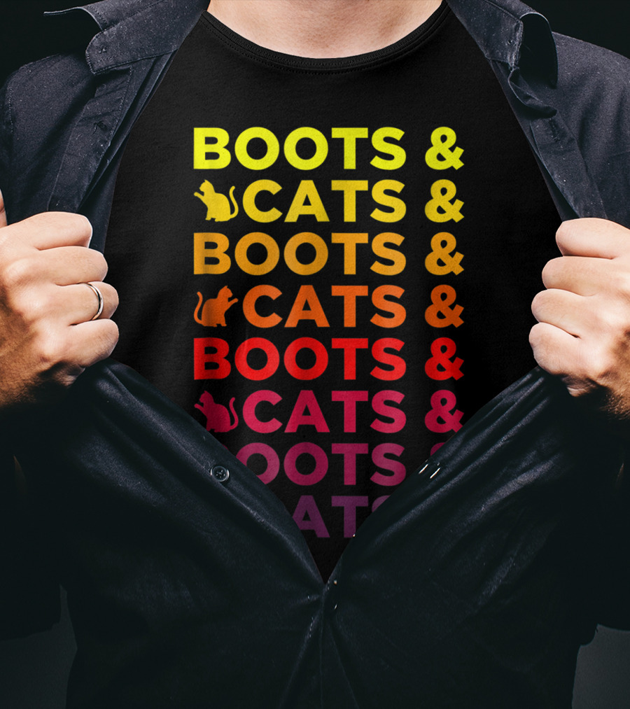 Boots And Cats EDM Rave Festival Funny Repeating Text And Cat T-Shirt