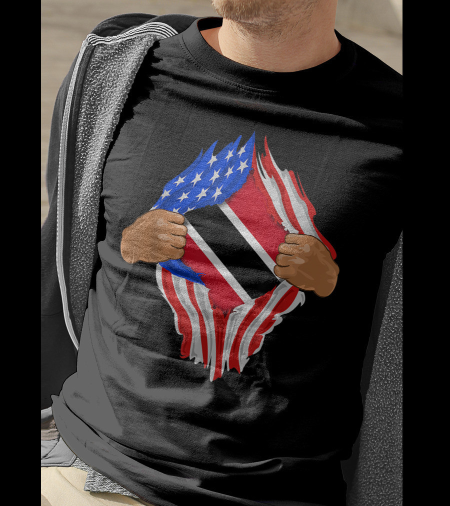 American And Trinidad And Tobago Flag Ripped Open T-Shirt