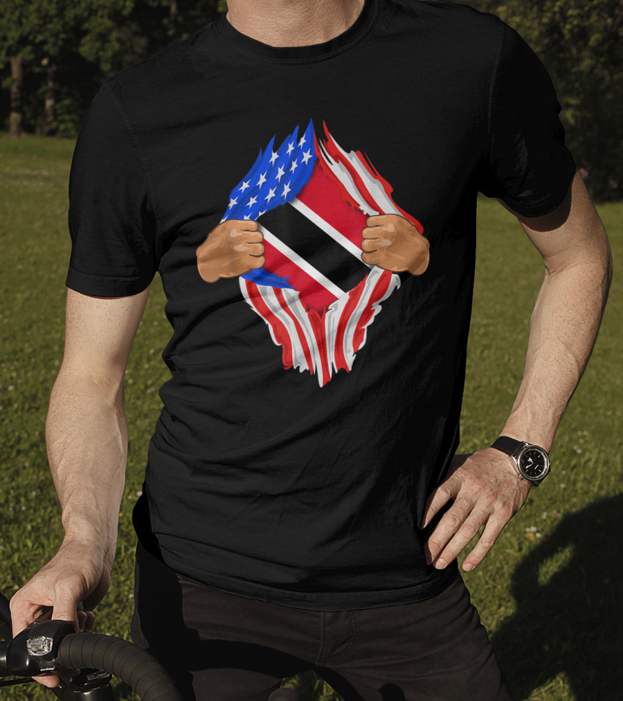 American And Trinidad And Tobago Flag Ripped Open T-Shirt