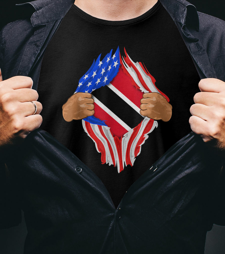 American And Trinidad And Tobago Flag Ripped Open T-Shirt