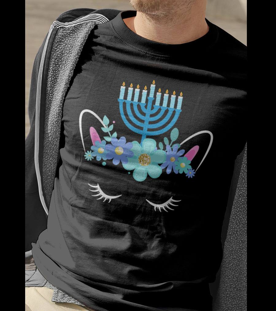 Unicorn Face Hanukkah Menorah Floral Ears Girls T-Shirt