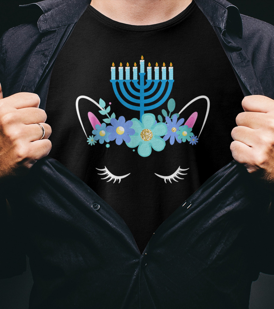 Unicorn Face Hanukkah Menorah Floral Ears Girls T-Shirt