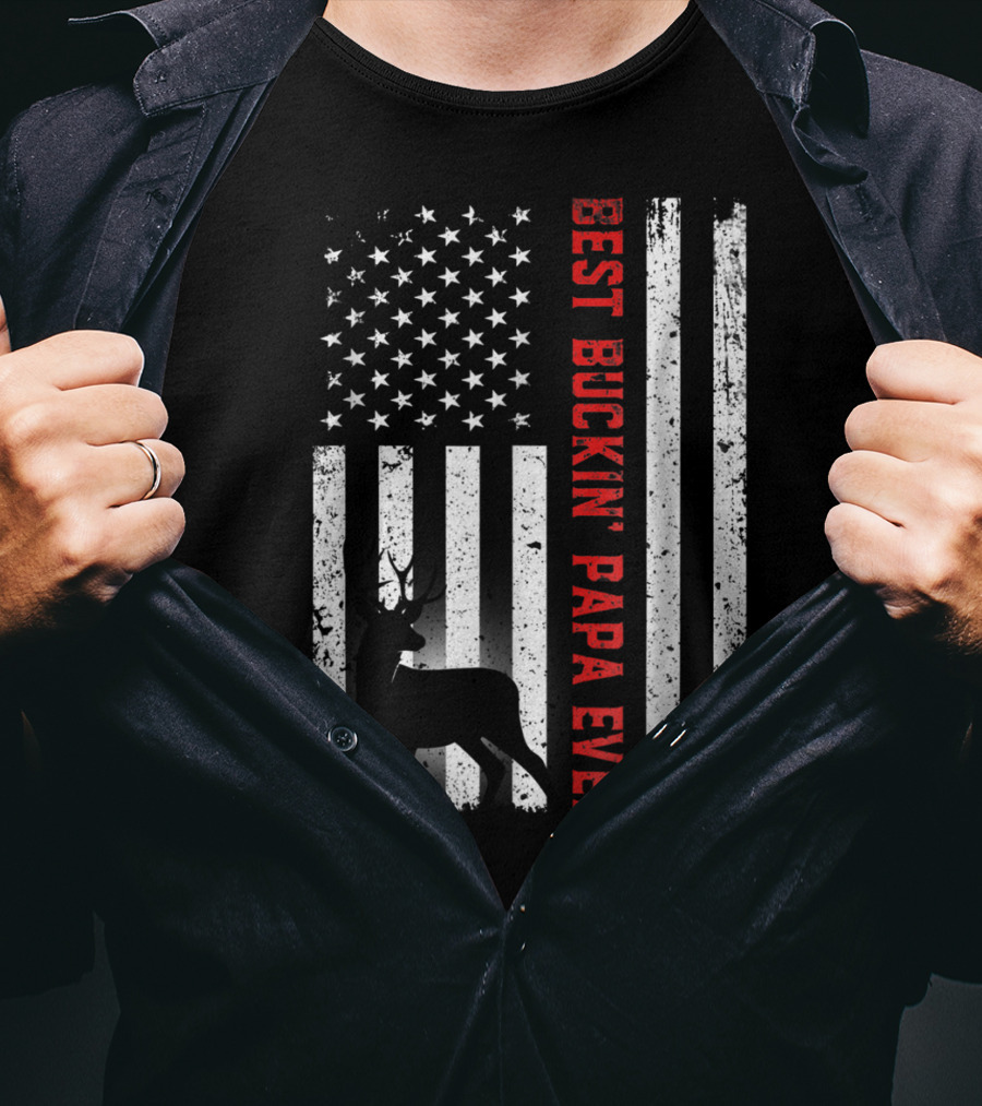 Best Buckin' Papa Ever USA Flag Deer Hunting T-Shirt