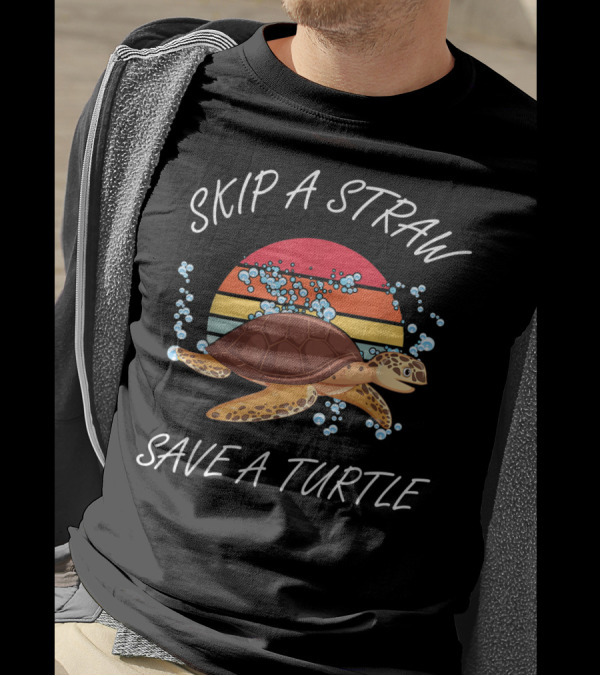 Skip A Straw Save A Turtle Vintage Sunset Turtle Ocean Conservation T-Shirt