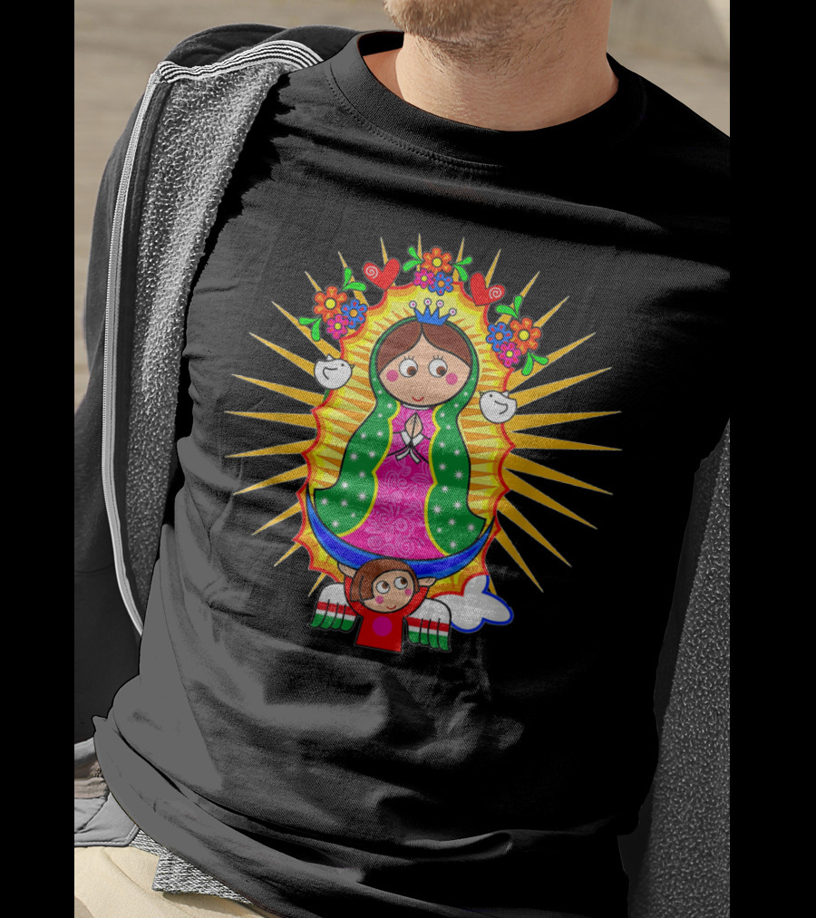 Virgen De Guadalupe Cartoon Mexican Folk Art Angel Children Flowers Sacred Image T-Shirt