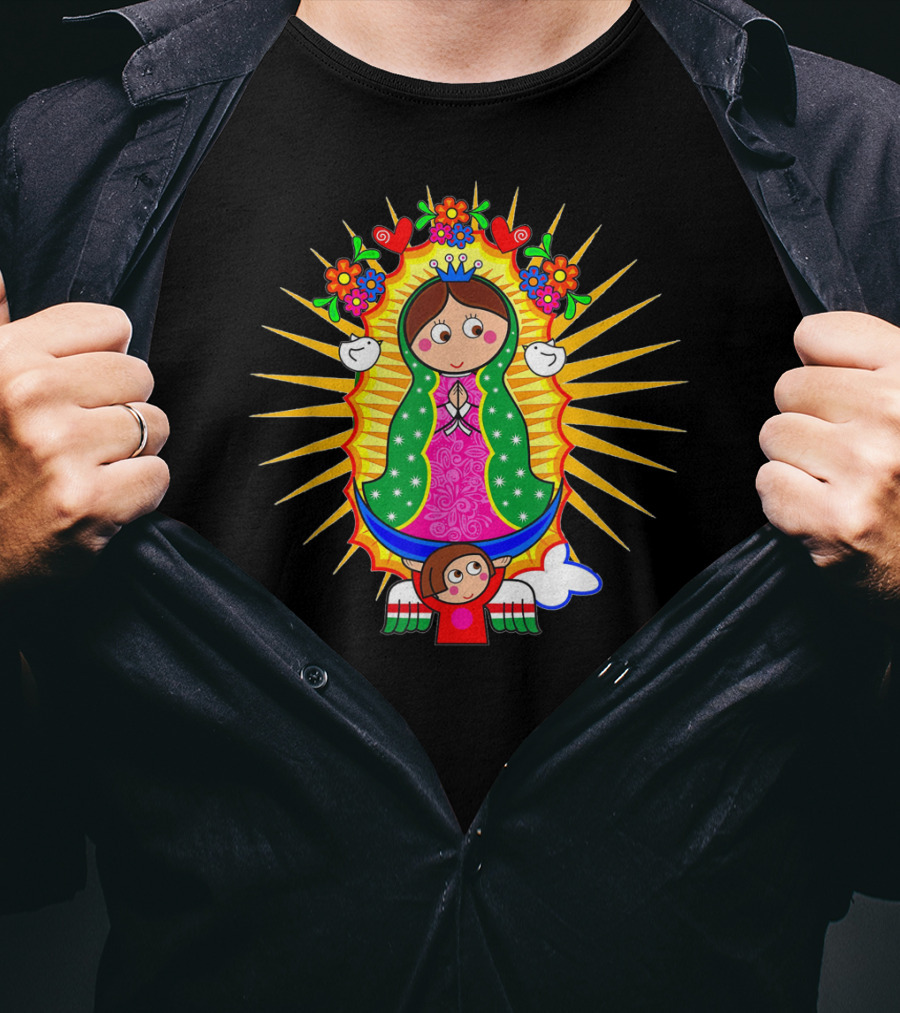 Virgen De Guadalupe Cartoon Mexican Folk Art Angel Children Flowers Sacred Image T-Shirt