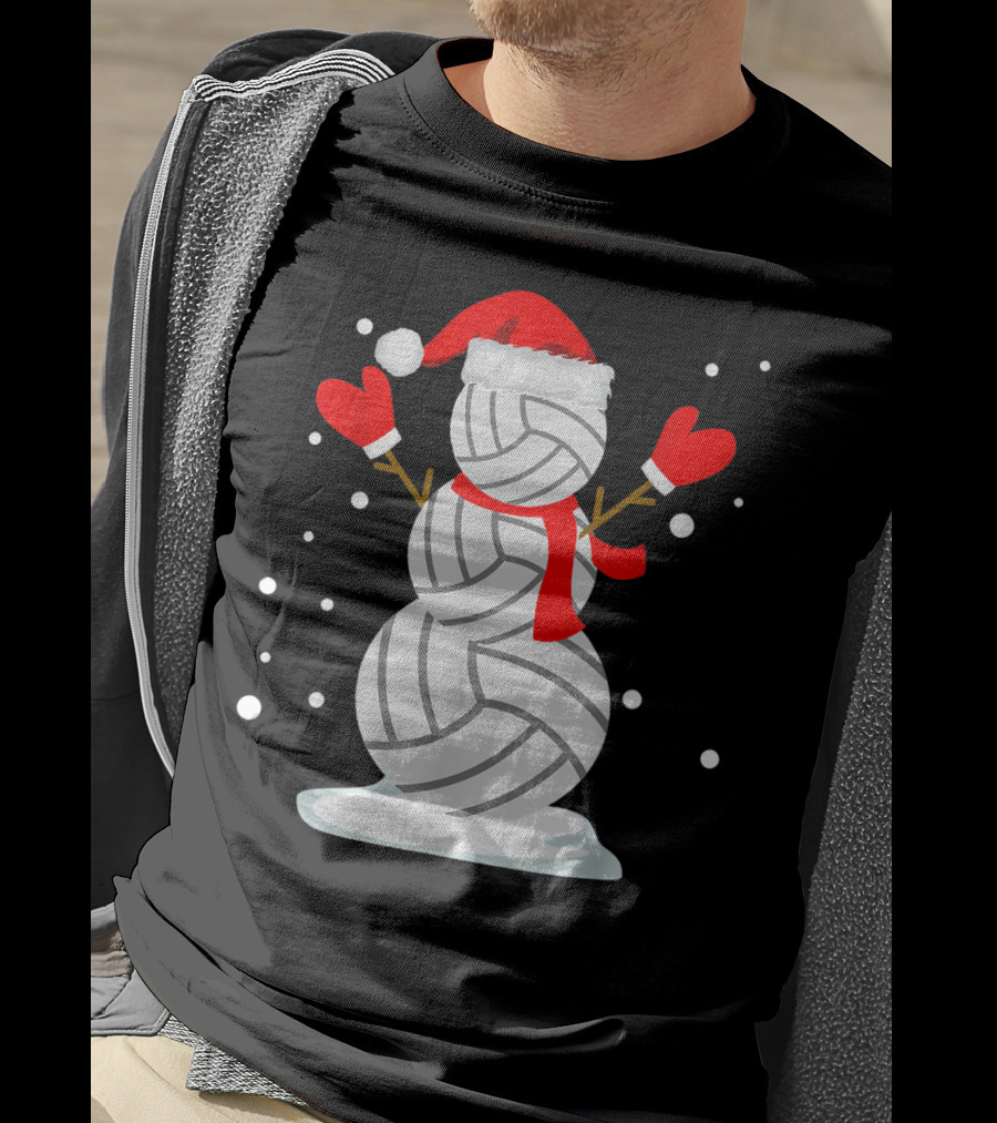 Volleyball Snowman With Santa Hat And Red Mittens T-Shirt