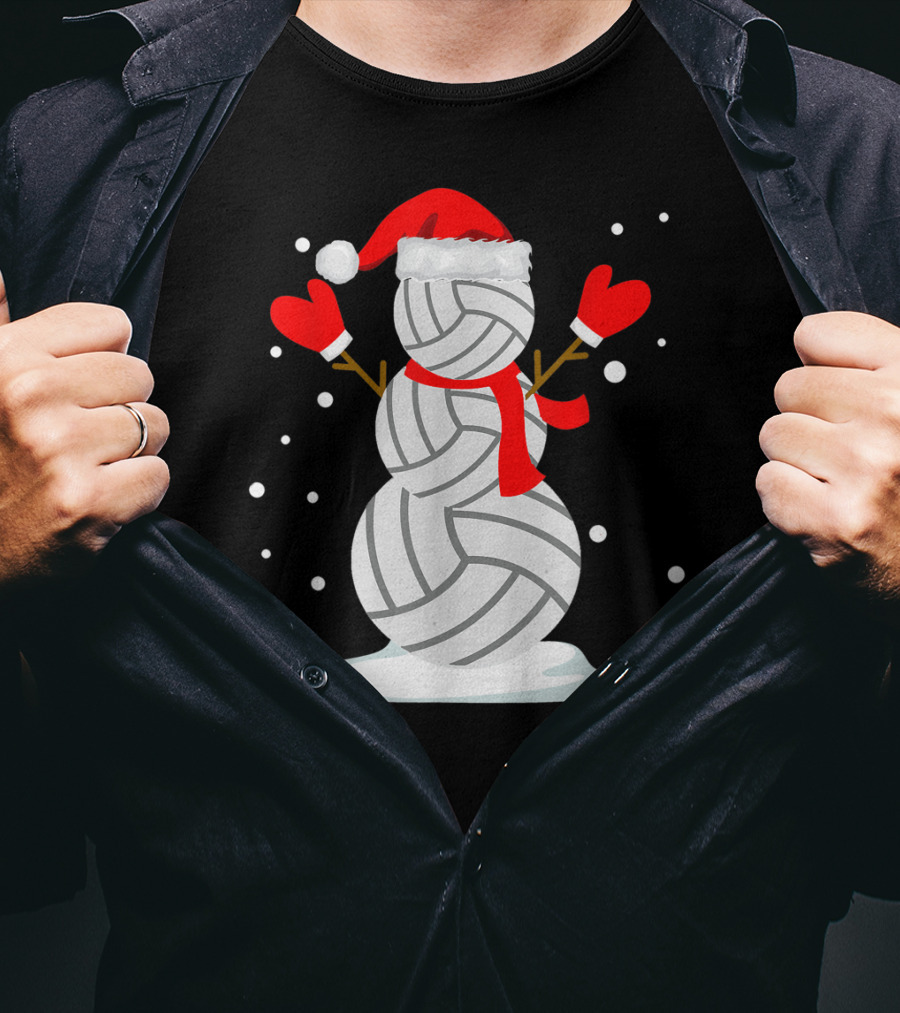 Volleyball Snowman With Santa Hat And Red Mittens T-Shirt