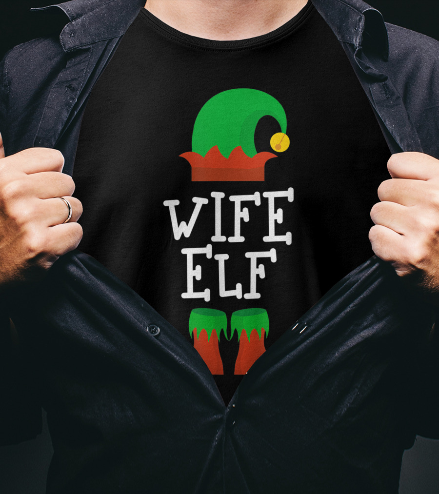 Wife Elf Christmas Holiday Costume Hat And Shoes T-Shirt