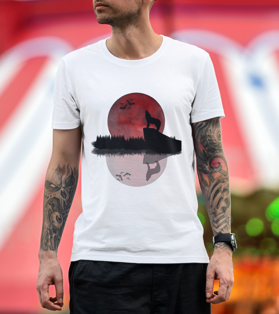Wolf Howling At Blood Moon With Bats Silhouette And Starry Night Reflection T-Shirt