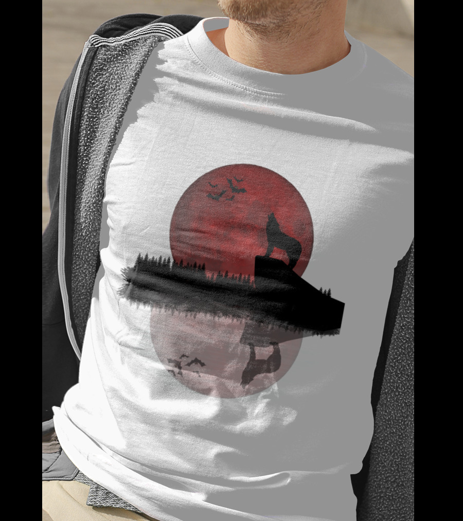 Wolf Howling At Blood Moon With Bats Silhouette And Starry Night Reflection T-Shirt