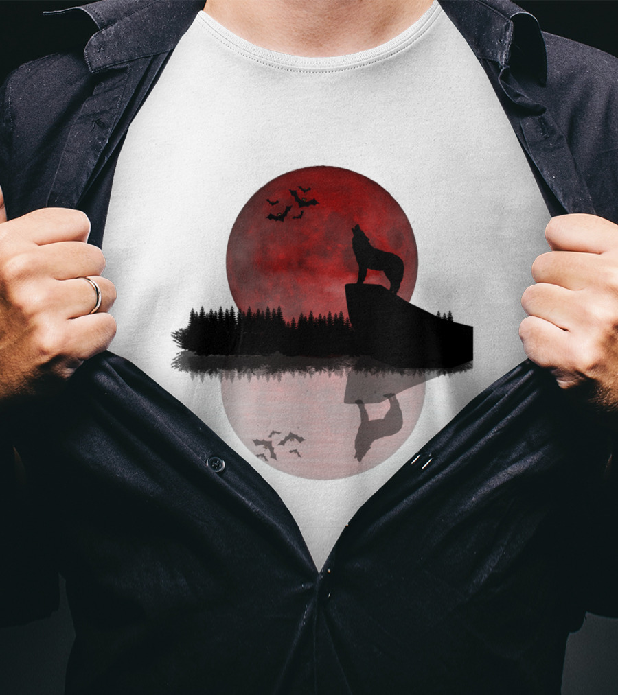 Wolf Howling At Blood Moon With Bats Silhouette And Starry Night Reflection T-Shirt