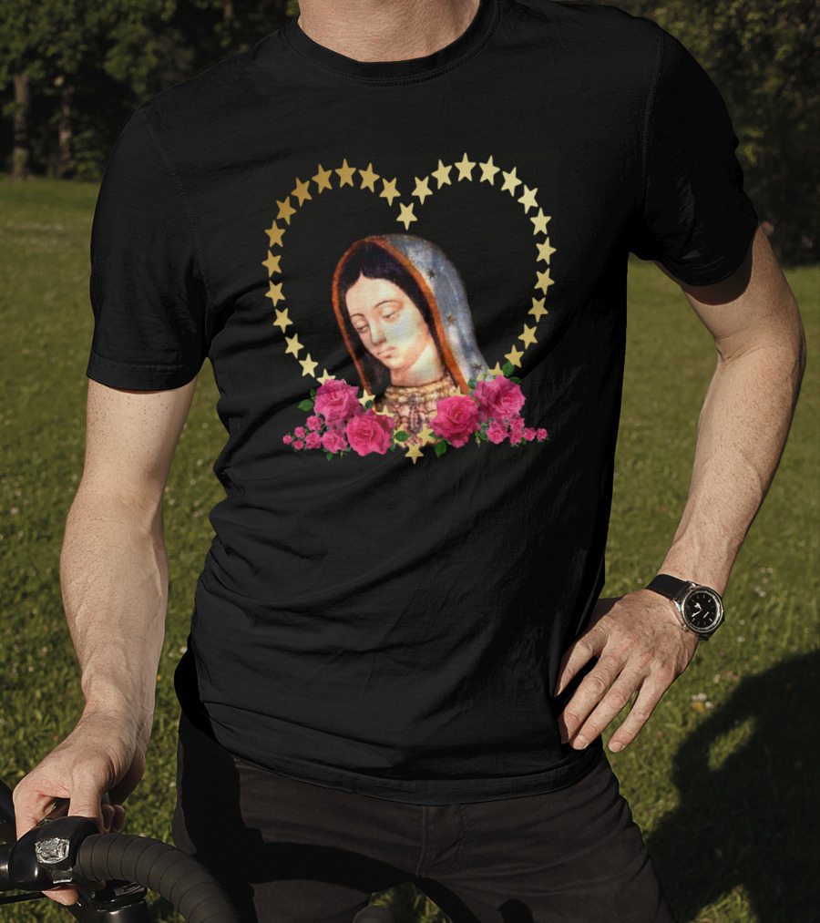 Our Lady Of Guadalupe Mexican Virgin Mary With Gold Stars And Roses T-Shirt