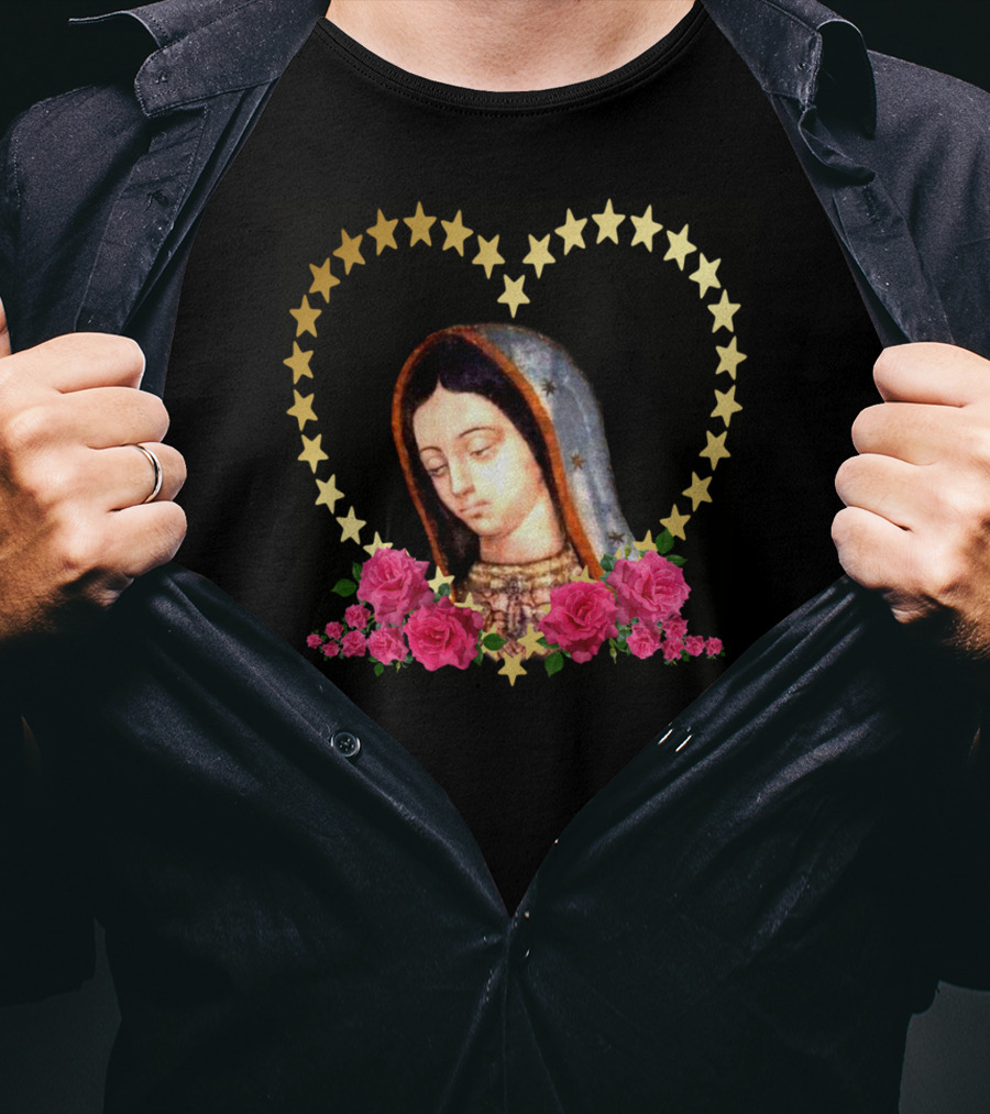 Our Lady Of Guadalupe Mexican Virgin Mary With Gold Stars And Roses T-Shirt