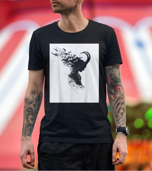 Premium T-Shirt: Loki Norse God of Mischief Silhouette with Birds and Horns T-Shirt Loki Norse God of Mischief Silhouette with Birds and Horns T-Shirt