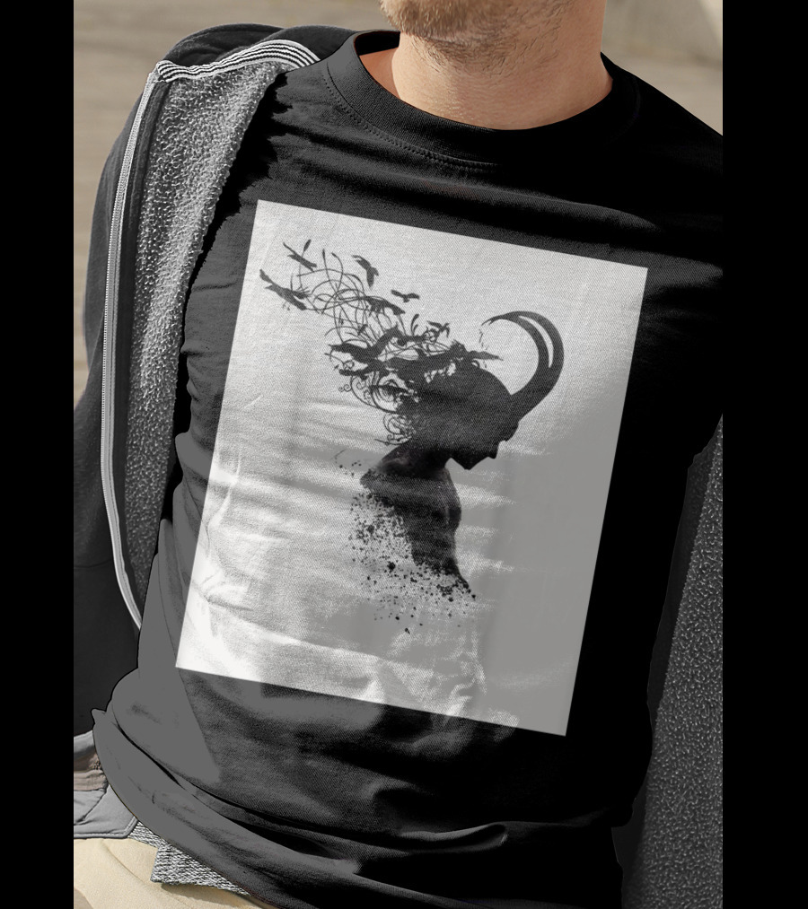 Loki Norse God Of Mischief Silhouette With Birds And Horns T-Shirt