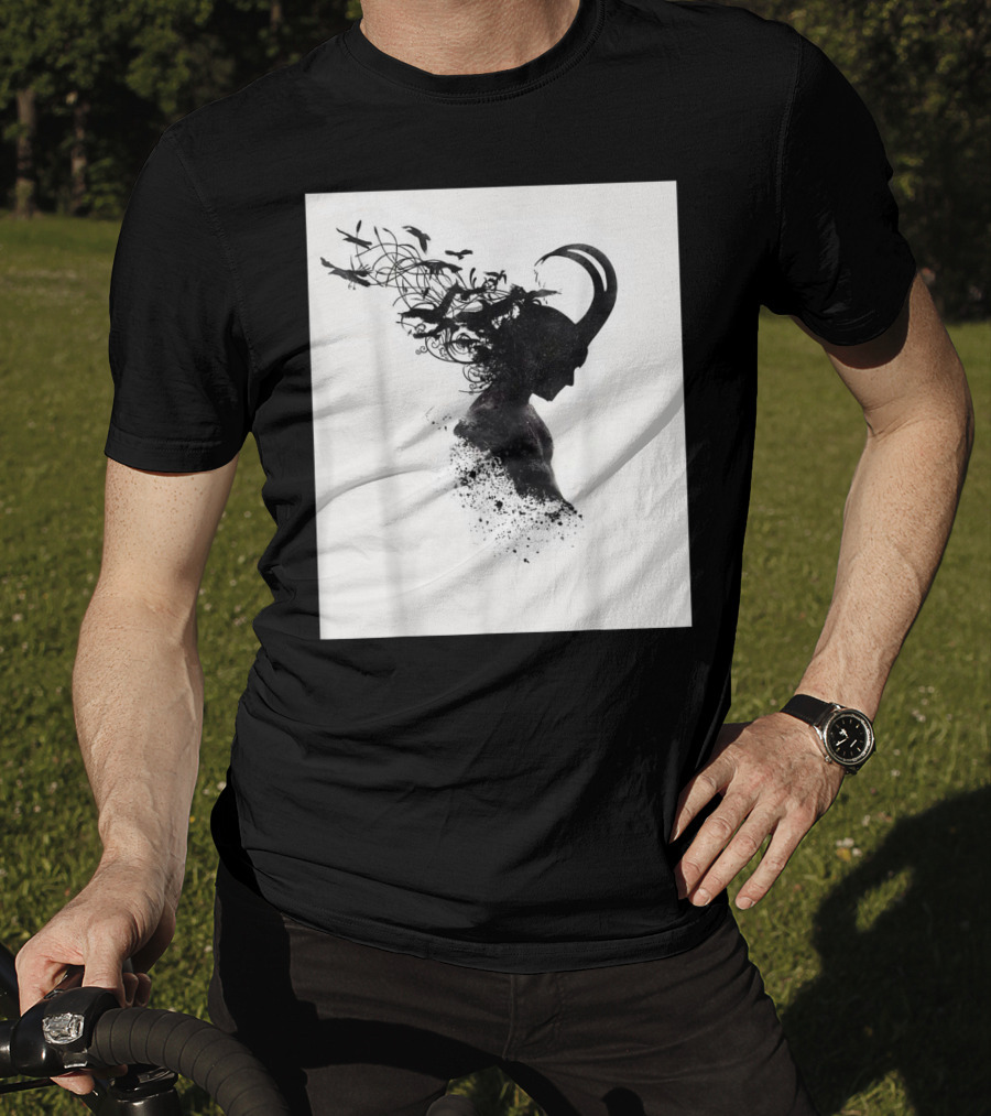 Loki Norse God Of Mischief Silhouette With Birds And Horns T-Shirt