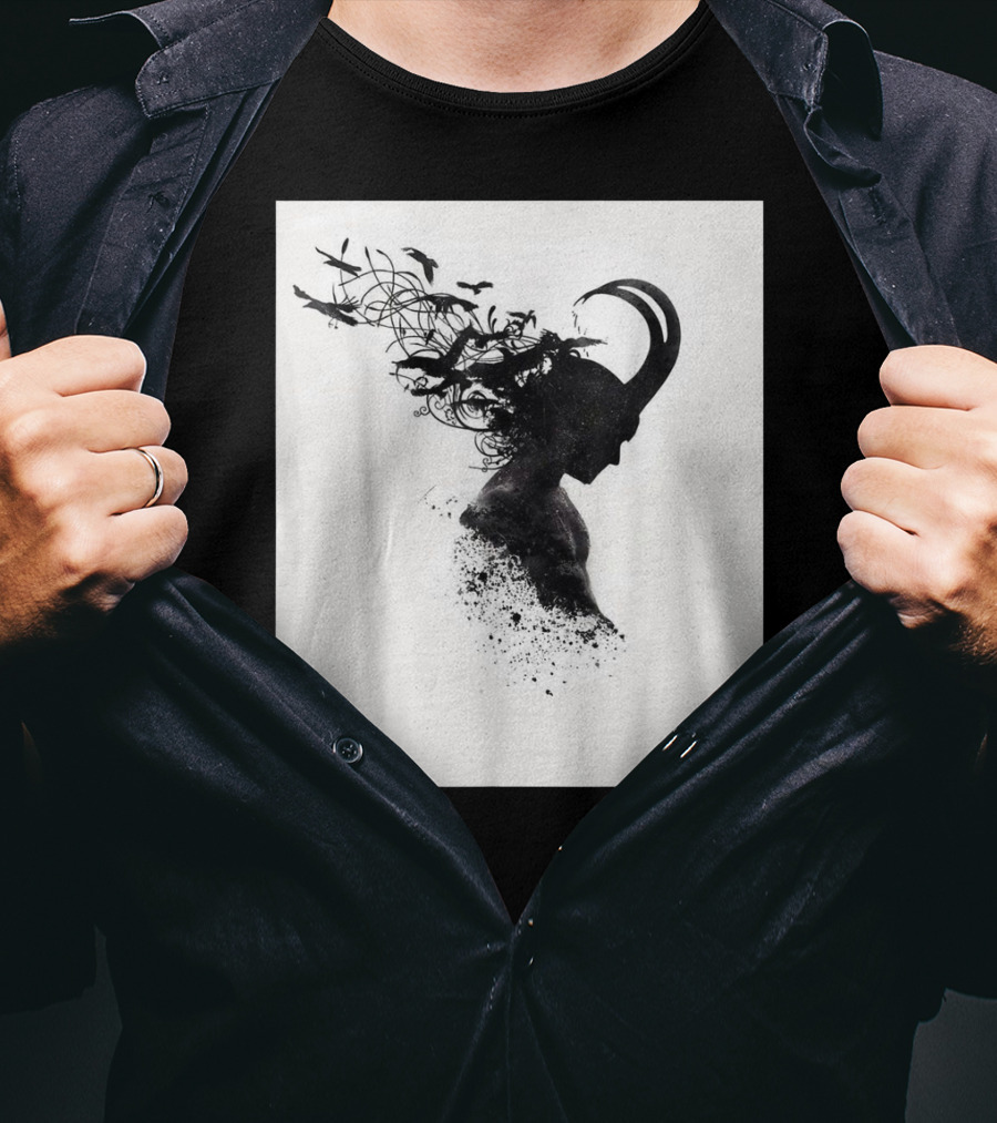 Loki Norse God Of Mischief Silhouette With Birds And Horns T-Shirt